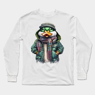 Duck wearing a jacket cap and a scarf Long Sleeve T-Shirt